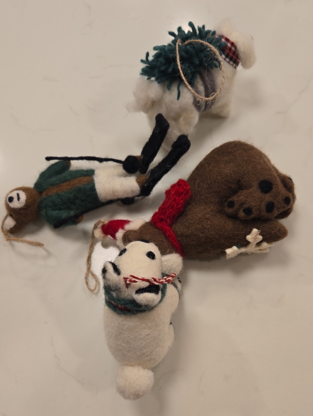 Holiday Felt Small  Toy Ornaments - White, Brown, Green. Hang On The Xmas Tree